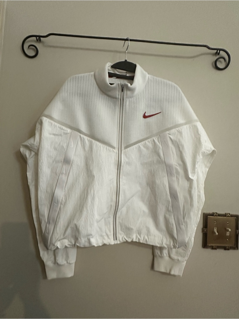 Nike White Women's Zip-Front Bomber Jacket with Red Swoosh